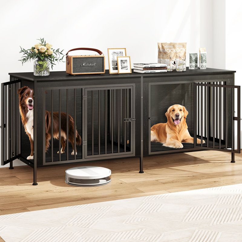 Dog Cage Furniture, Extra Large Double Doors Dog Kennel with Removable Divider, XXL Thick Wooden Dog cage Furniture for 2 Large/Medium Dogs