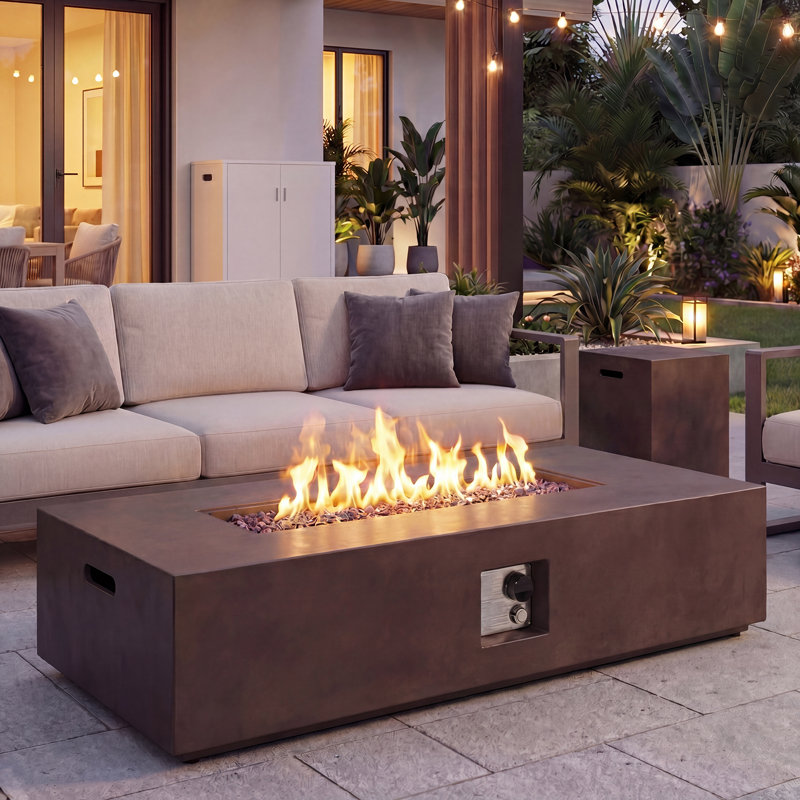 Table rectangulaire 56 po pour foyer d'extérieur au propane en béton avec couvercle de réservoir de propane, Brun