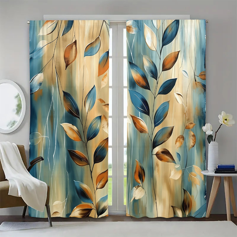2Pcs Nature Leaf Pattern Curtains Watercolor Blue Orange Botanical Print Window Treatments Rod Pocket Panels Drapes for Living Room Bedroom Kitchen Dining Home Decor
