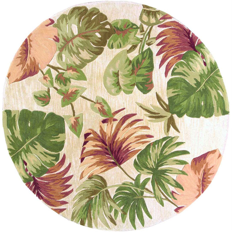 Tapis beige en laine à motif de feuilles de palmier, Rond 7 pi