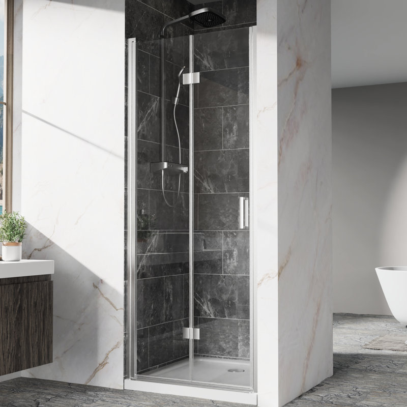 Bi - Fold Swing Pivot Shower Door For Small Bathroom, 30mm Adjustment, Heavy Duty Zinc Alloy Handle And Easy Clean 1/4" (6mm) Clear Tempered Glass With Aluminum Frame, Reversible Opening, Silent