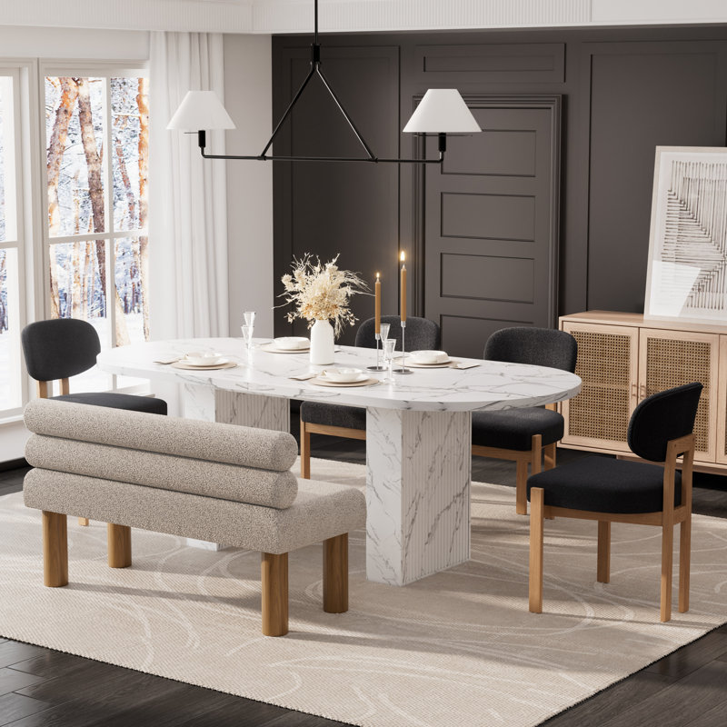 Ensemble de table de salle à manger Lavisha, 6 Pieces: Table, 4 Chairs, Bench, White, Black
