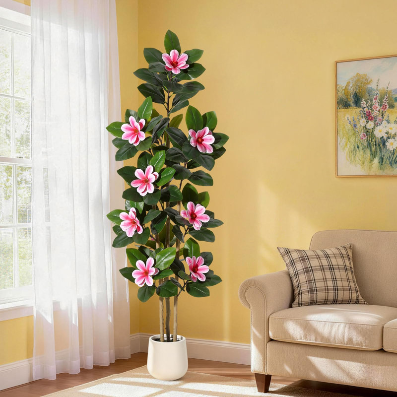  Figuier artificiel figuier avec fleurs de magnolia Real Touch, Pink, 72" H x 23.6" W