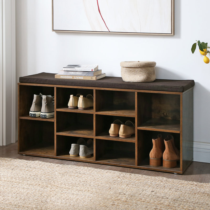 Arney 10 Pair Shoe Storage Bench with Adjustable Shelves, Rustic Brown