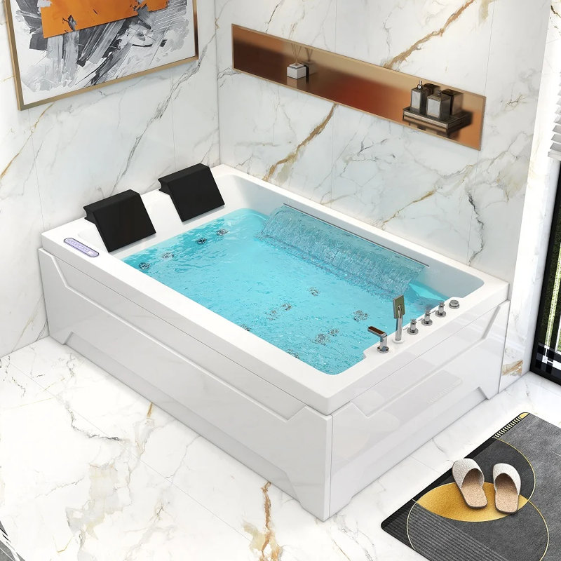 73" Whirlpool Bathtub, Whirlpool Massage Tub Spa Bathtub with 22 Therapeutic Jets, Waterfall & LED Lighting, 105-Gallon Capacity, Acrylic Soaking Tub with 3-Sided Apron Design