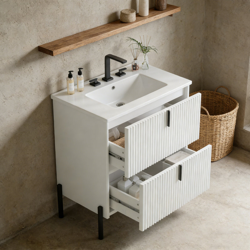 Meuble-lavabo avec lavabo, 2 tiroirs et pieds en métal, Blanc