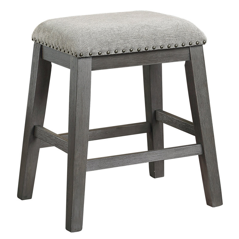 2 tabourets de bar à hauteur de comptoir, revêtement en chenille gris, brossé au métal, garniture cloutée en bois, 2 sièges, finition brossée, siège,