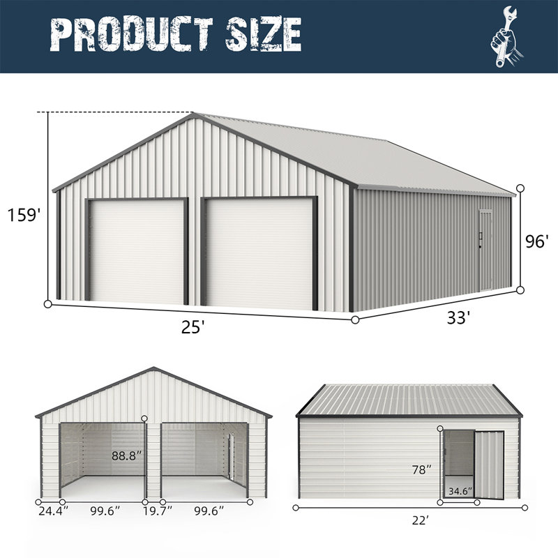 25 Ft. W X 33 Ft. D Outdoor Metal Storage Shed Garage Shed With Doors