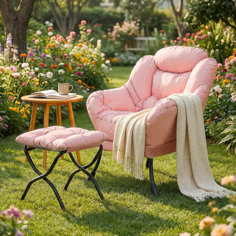 Upholstered Lazy Chair with Ottoman, Modern Accent Lounge Chair Reading Armchair with Footrest and Side Pocket, Pink