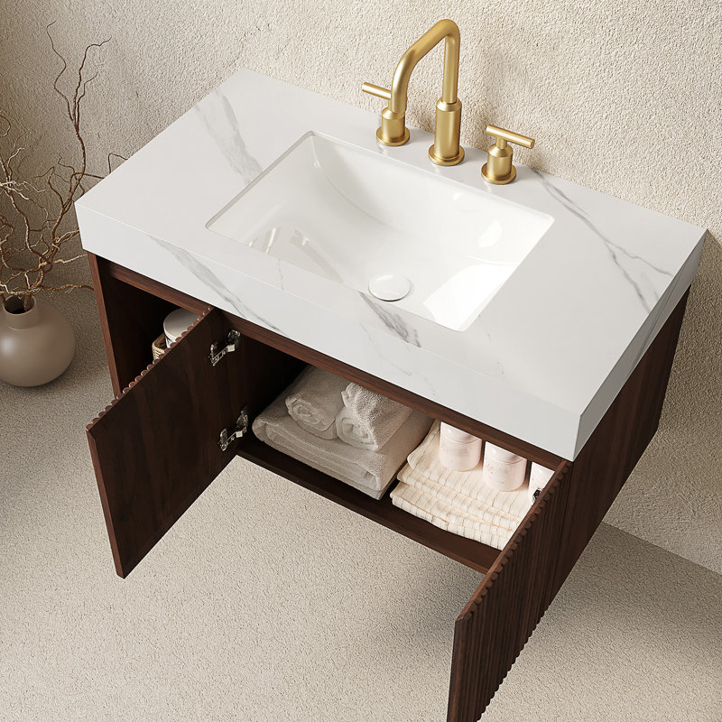 Meuble-lavabo avec comptoir en pierre frittée et lavabo encastré en céramique, Noir, L 24 po, Beige