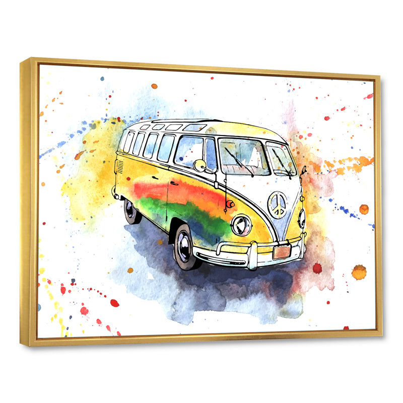 «Retro Grungy Hippy Bus», peinture sur toile, H 24 po x l 32 po x P 1 po, Cadre flottant doré