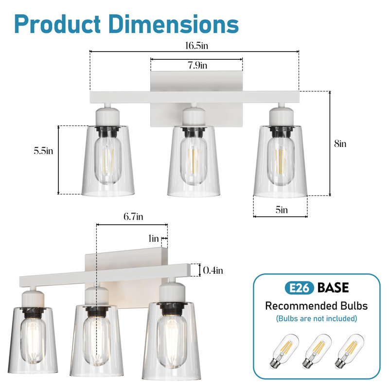 Luminaire de meuble-lavabo 3 lumières, luminaires de salle de bain modernes avec abat-jour en verre transparent imperméable, luminaire de salle de bain antirouille au-dessus du miroir pour le couloir de la cuisine du salon