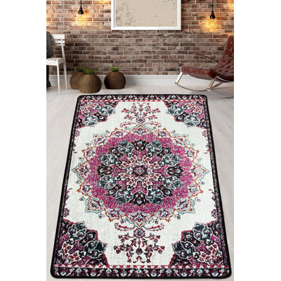 Tapis persan rectangulaire tissé à la machine en rose / mauve / beige
