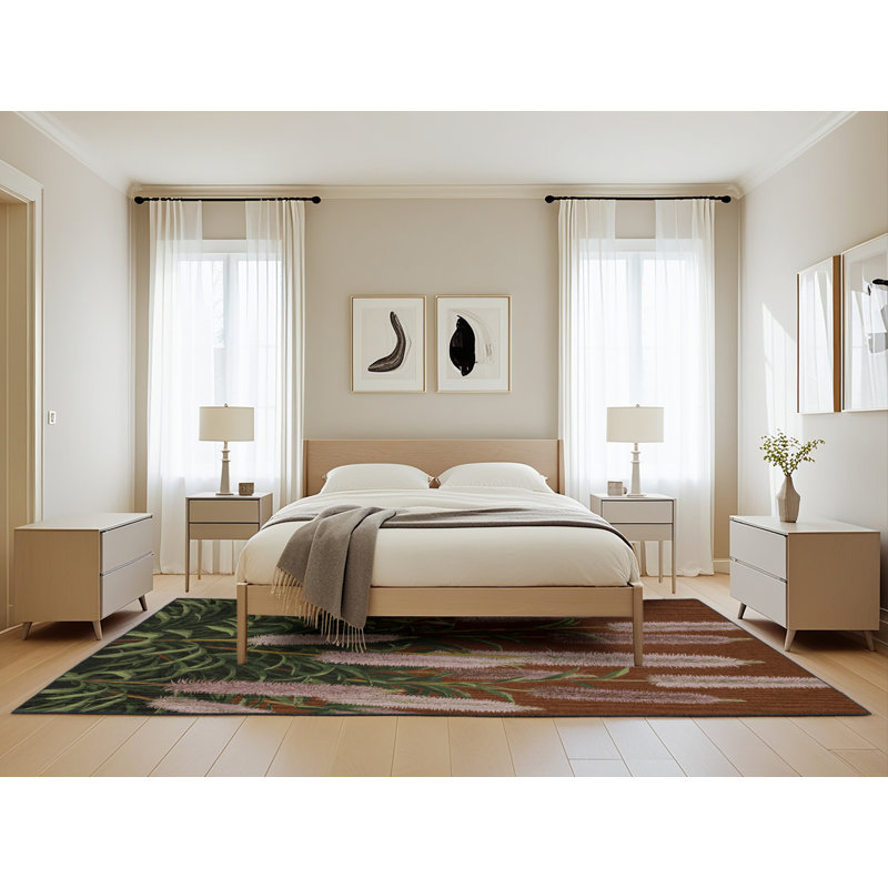 Machine Washable Botanical Brown Area Rug, Rectangle 5' x 8'