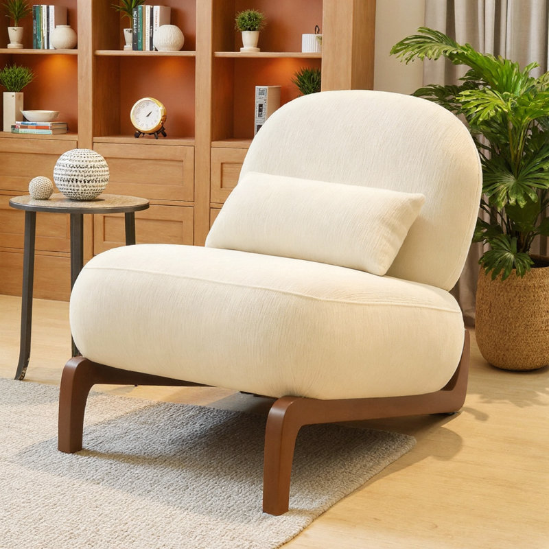 Chaise d'appoint en velours avec pieds en bois massif et coussin moelleux, fauteuil de lecture sans accoudoirs, Blanc