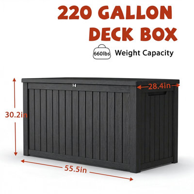MERSCO 220 Gallon Deck Box, Resin Outdoor Waterproof Storage Box, Lockable Storage Box With Handle for Patio Furniture - Garden Tools - Swimming Pool Tools UV Resistant, Black
