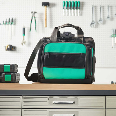 Organisateur de sac à outils lumineux avec sac à outils 40 po avec lumière DEL, ouverture large, bandoulière rembourrée et poches à fermeture à glissière 17,75 po vert / noir