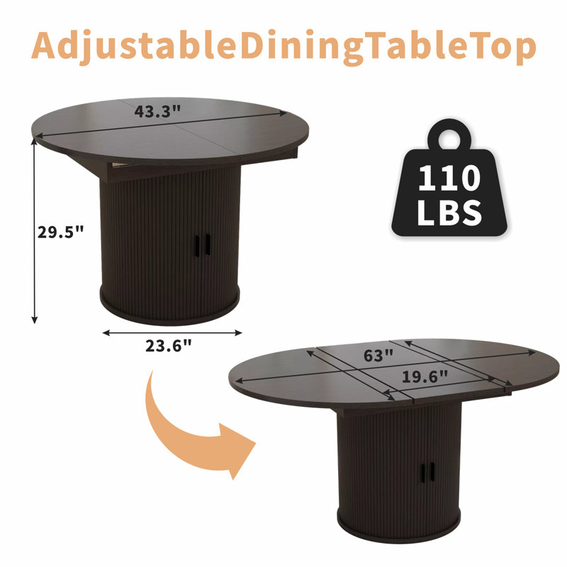 Table de salle à manger extensible avec rallonge cachée et 8 compartiments de rangement - maison de campagne moderne, Noir