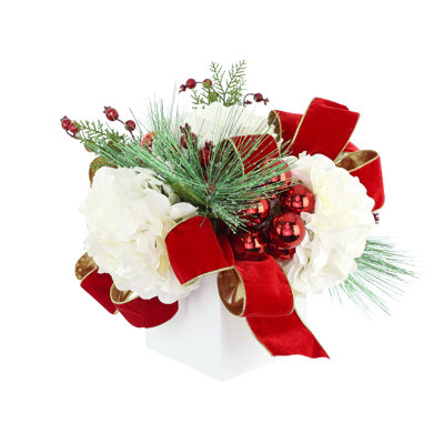 Hydrangea Holiday Arrangement with Velvet Bows