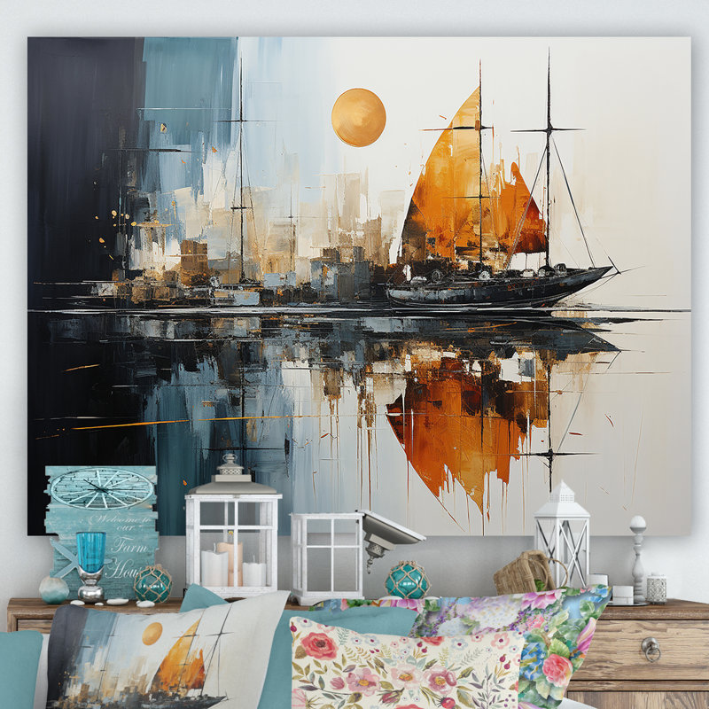 «Moonlight Saiboat Collage Horizon III - Bateau à voile, art mural», Toile tendue, H 30 po x l 40 po x P 1,5 po
