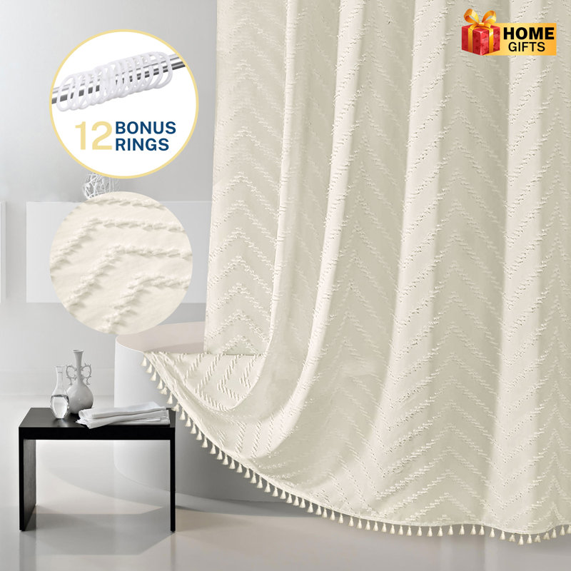 Rideaux de douche à chevrons texturés, boho, lavables à la machine, Crème, crème