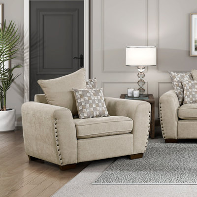 Light Brown Accent Armchair, Plush Back Fabric Upholstery with Pillows & Nailhead Trim, Solid Wood Living Room Furniture