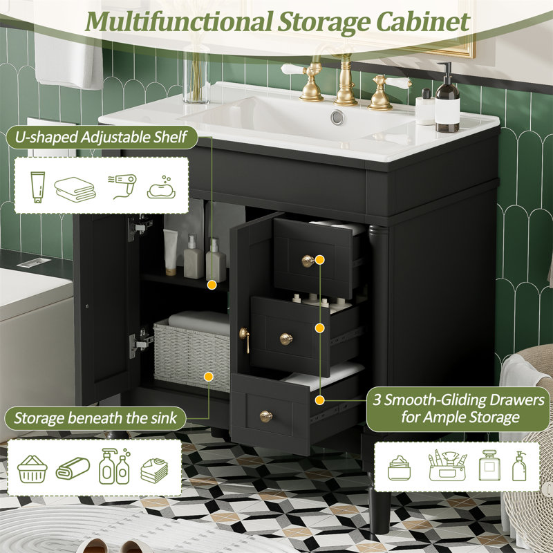 30"W Freestanding Bathoom Single Vanity with Ceramic Top, Drawr and Soft-Close Cabinet, Black/Brass