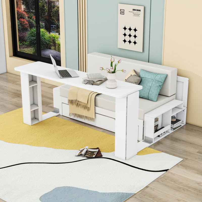 Lit de jour en bois avec bureau et tiroirs et tablettes de rangement, Lit double, Blanc