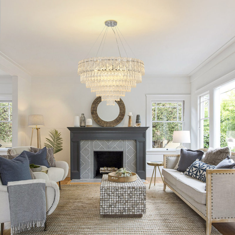 Crystal & Glass Pendant, Height-Adjustable, Sloped-Ceiling Ready, 6 Tiers, 48cm H × 75cm W × 75cm D, 17 Lights