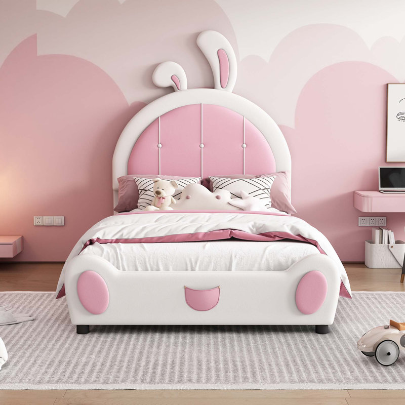 Lit plateforme simple tapissier avec tête de lit en forme de lapin, Blanc