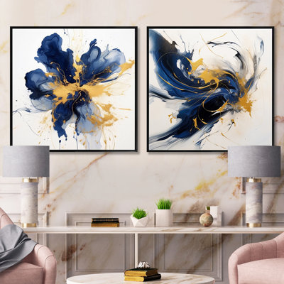 Ensemble de 2 collages carrés bleu foncé et or Strokes IX - Fractals