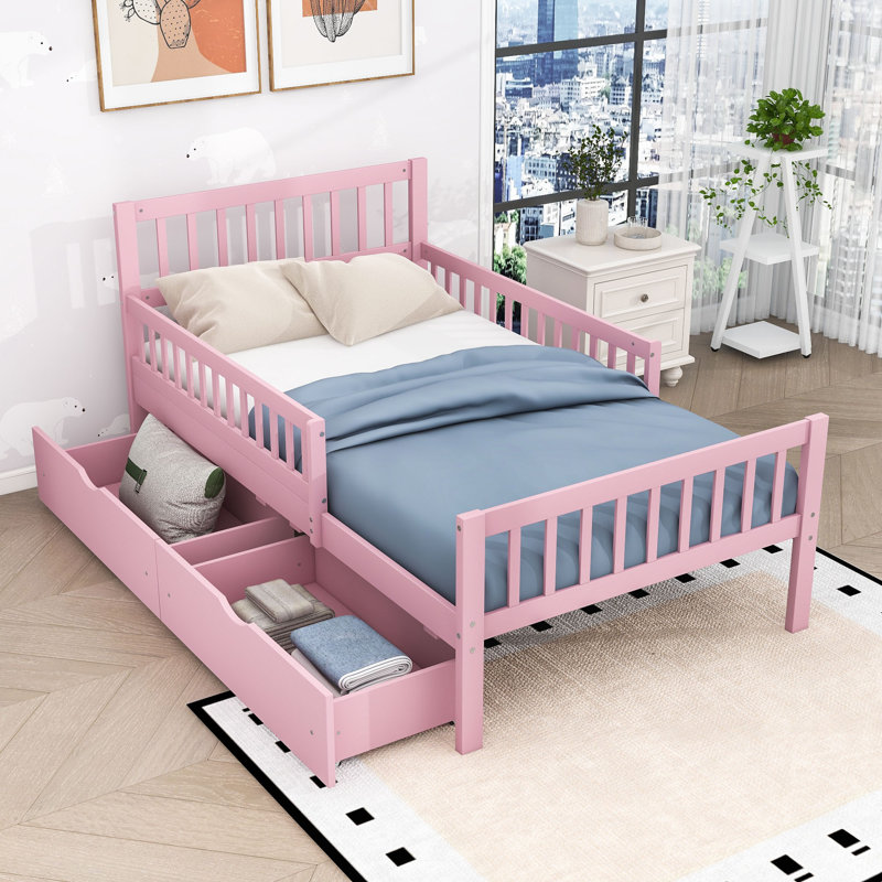 Lit plateforme en bois avec tête de lit, garde-corps et tiroirs de rangement Idahlia, Simple, Rose