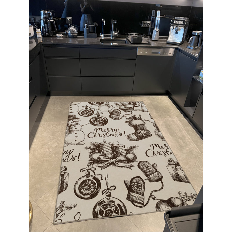 Tapis décoratif moderne gris et beige à motif mélangé à motif de lettres «Merry Christmas»