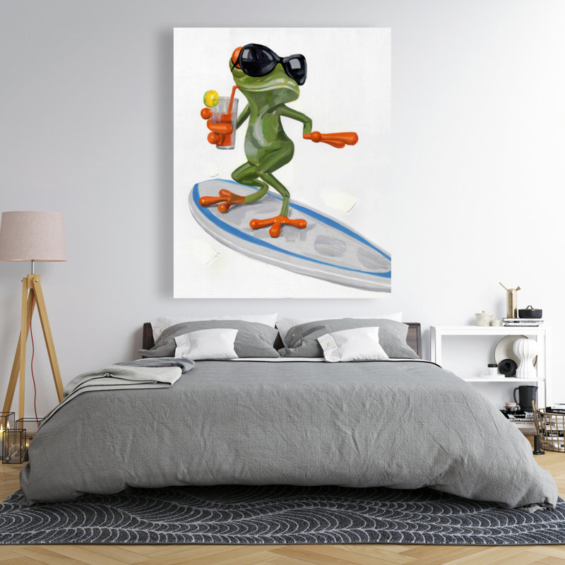 «Funny Frog Surfing» - Toile contemporaine pour la décoration intérieure