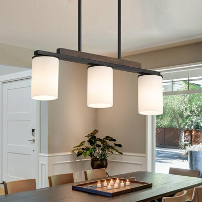 Lustre de style maison de campagne avec abat-jour en verre laiteux - Luminaire suspendu pour îlot de cuisine de salle à manger, luminaire à hauteur réglable à finition noir mat