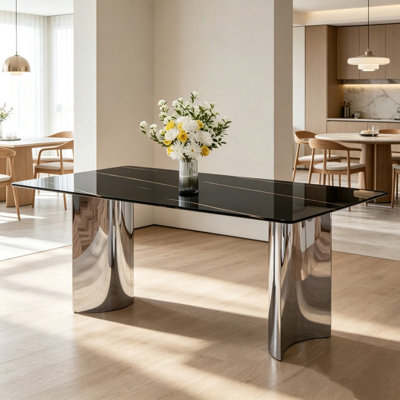 Table de salle à manger minimaliste moderne, plateau en verre imitation marbre noir et pieds en métal argenté, 180 cm × 100 cm × 75 cm, pour salle à manger et salon