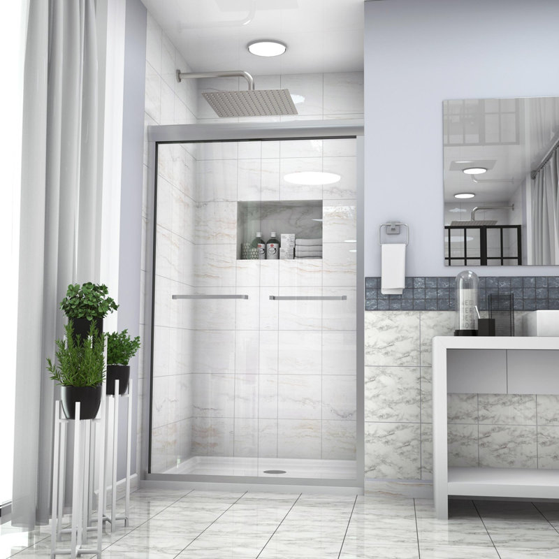 48"Wx 76"H Semi-Frameless Double Sliding Shower Door, Brushed Nickel