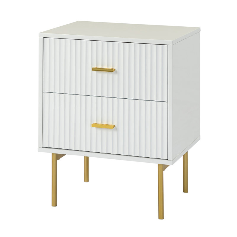 Table de bout à 2 tiroirs 19,7 po avec pieds en métal Alexandera, Blanc / Doré