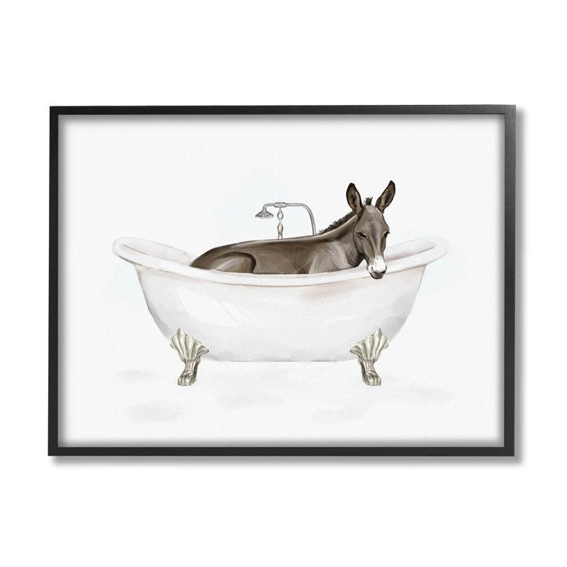 «Donkey Bathroom Tub Animal», estampe numérique par Ziwei Li, H 16 po x l 20 po x P 1,5 po, Giclée encadrée noir minuit