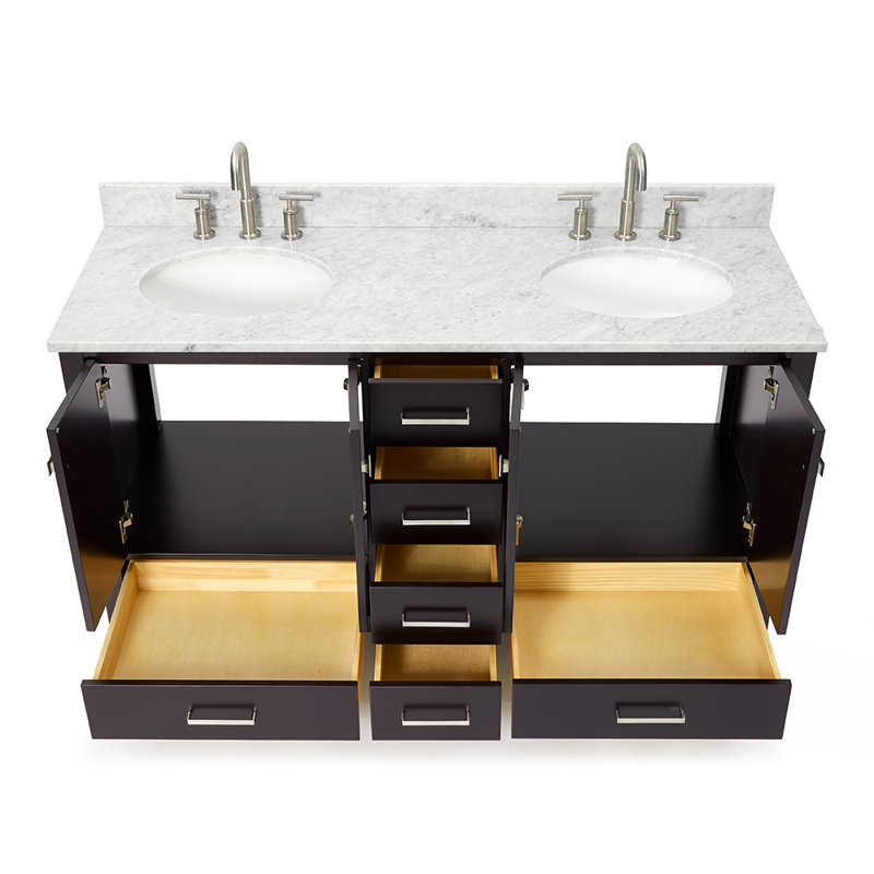 Meuble-lavabo double autoportant 67 po avec plateau en marbre Flynt, Espresso, Oval, 61" W
