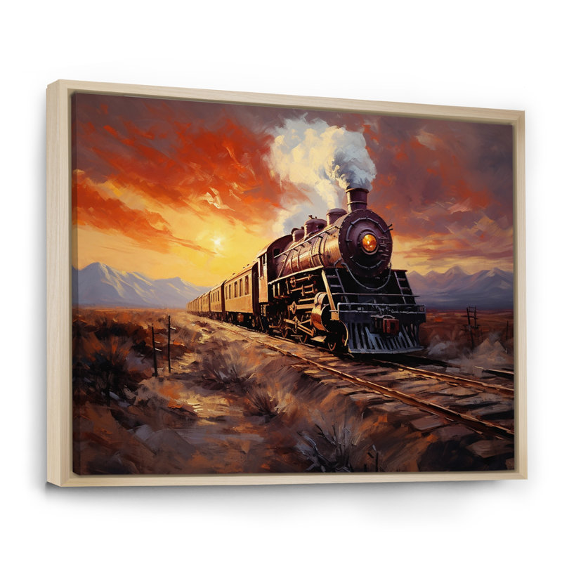 Impression sur toile, "Steamtrain Travelling Sunset Landscape I", Cadre naturel flottant, H 24 po x l 32 po x P 1 po