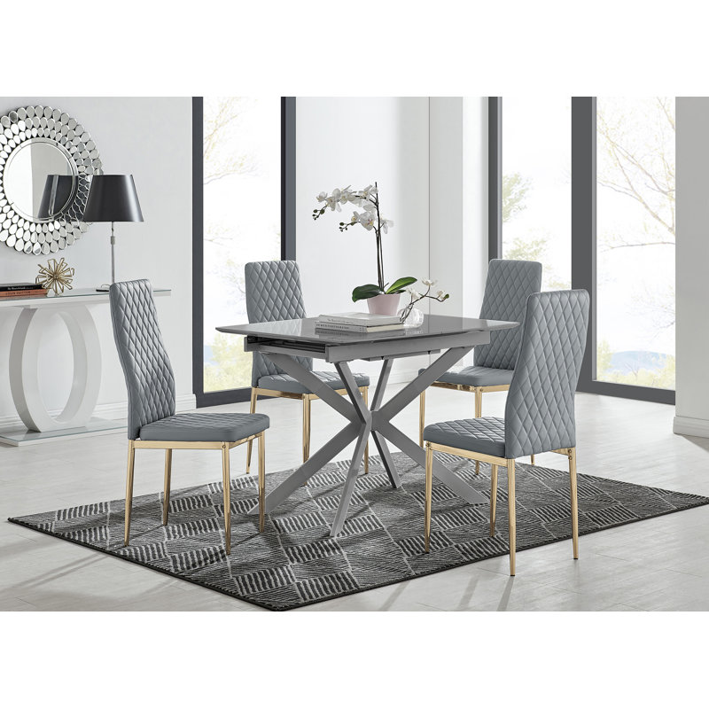 Eubanks Modern High Gloss Extendable Dining Table Set with Luxury Faux Leather Dining Chairs, Black, 4