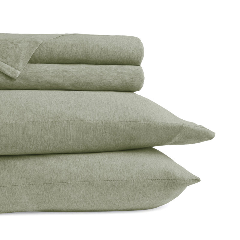 4 Piece 100% Cotton Jersey Knit Sheet Sets, Sage, Twin Sheet Set + 1 Fitted Sheet + 1 Pillowcase