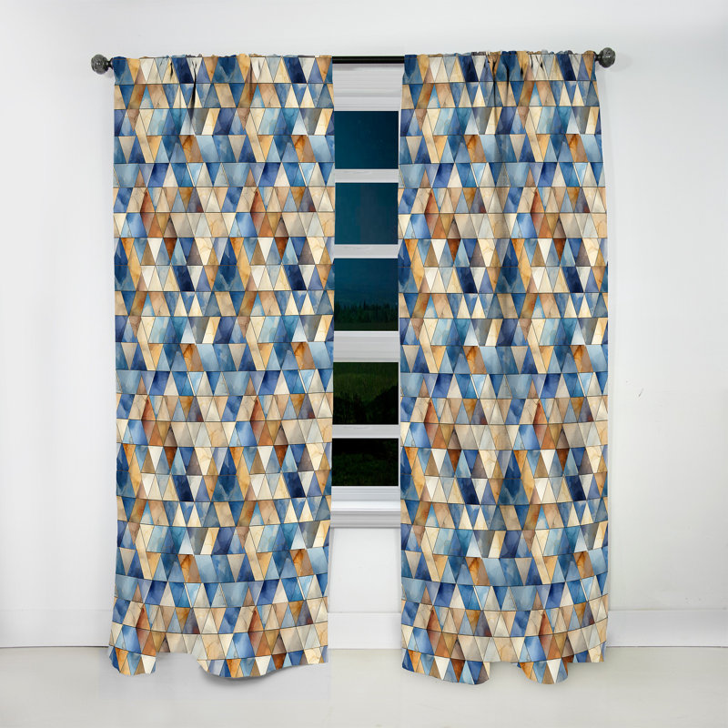 Beige et bleu triangles mosaïque III - rideau obscurcissant géométrique abstrait - 1 panneaux, L 52 po x L 90 po