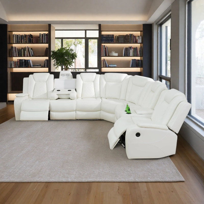 Canapé modulaire inclinable manuel en cuir 3 pièces avec lumière DEL, Off-White Faux Leather