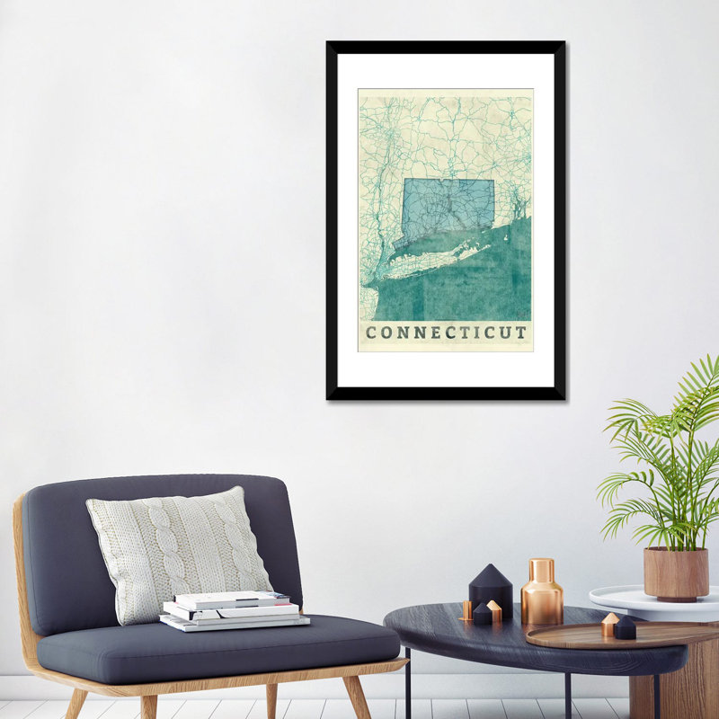 « connecticut map », impression sur toile, Papier beaux-arts encadré noir, H 24 po x l 16 po x P 1 po, Blanc