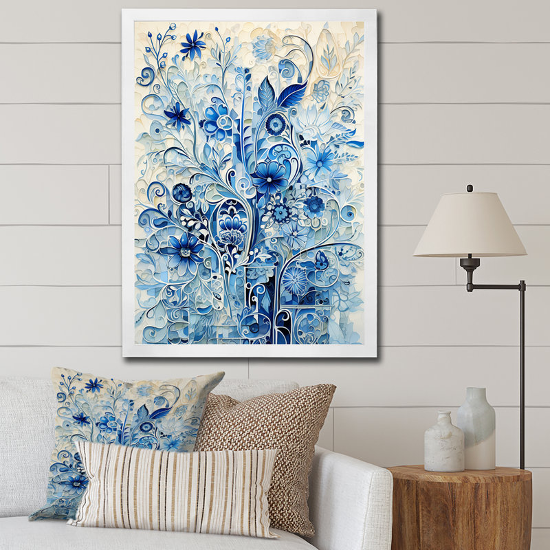 Carreaux botaniques blancs et bleus III - art mural botanique, Cadre simple blanc, H 20 po x l 12 po x P 1 po