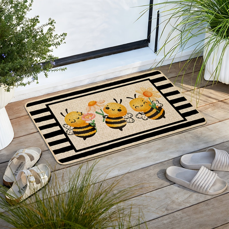 Tapis d'été 43 x 74 cm, motif abeille et fleurs, rayures noires, antidérapant, dos en caoutchouc, décoration saisonnière pour l'intérieur et l'extérieur.