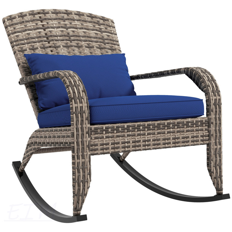 Outdoor Wicker Adirondack Rocking Chair, Patio Rattan Rocker Chair With High Back, Seat Cushion, And Pillow For Garden, Porch, Balcony