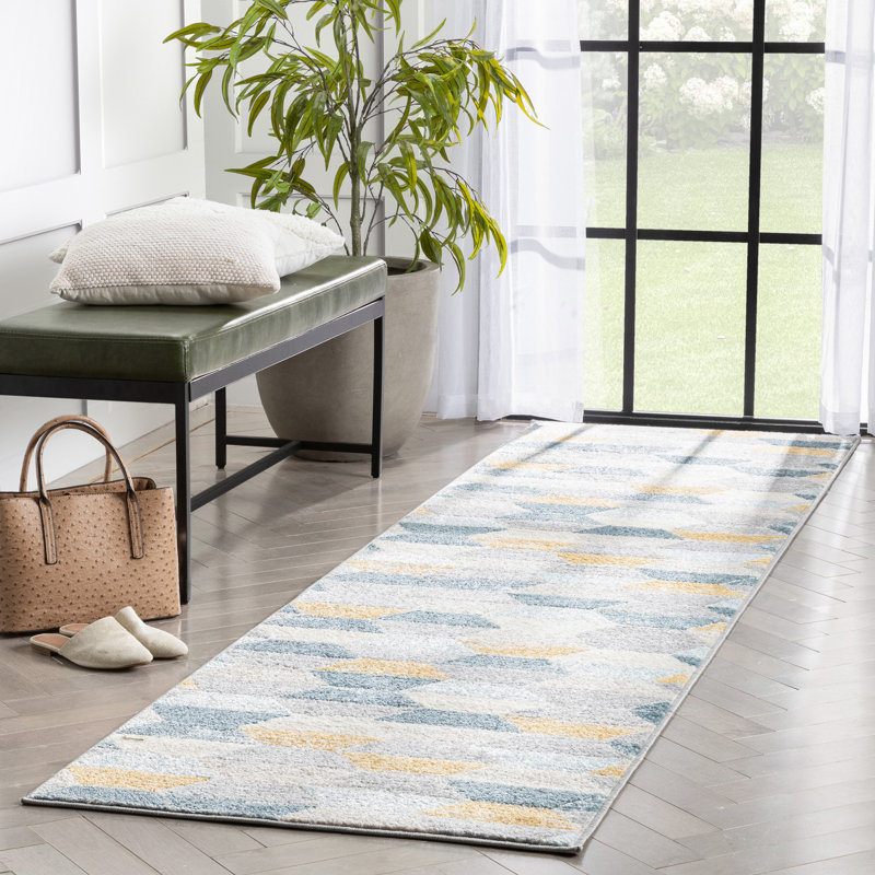 Espey Geometric Blue/Grey/Gold Rug, Runner 2'7'' x 9'10''